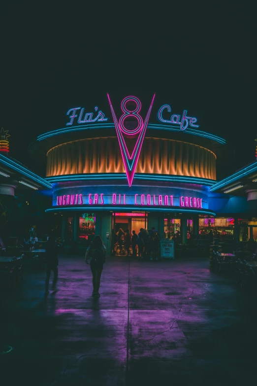 a neon sign on the side of a building, inspired by Elsa Bleda, pexels contest winner, retrofuturism, nightcafe, eight eight eight, at california adventure, diner scene