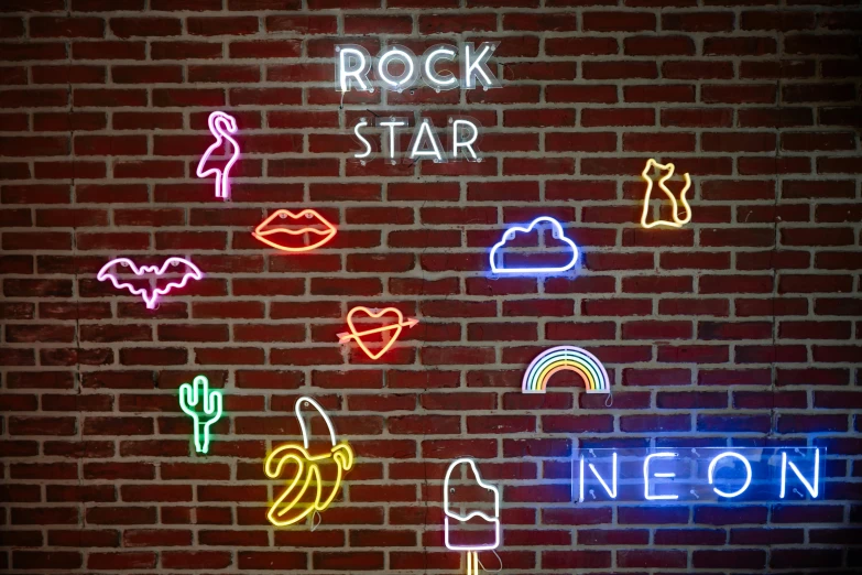 a brick wall with neon signs on it, an album cover, pexels, rock star, netflix neon logo concept art, lucky star, background image