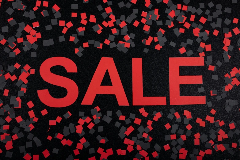 a sale sign surrounded by red and black squares, trending on unsplash, sequins, foam, black clothing, thumbnail