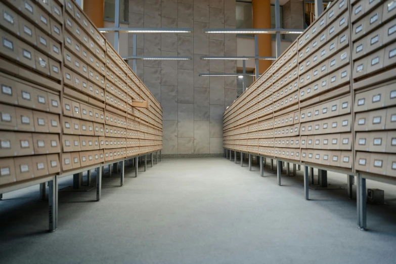 a room filled with lots of wooden boxes, inspired by Donald Judd, unsplash, giant crypto vault, polished concrete, brown, commercial