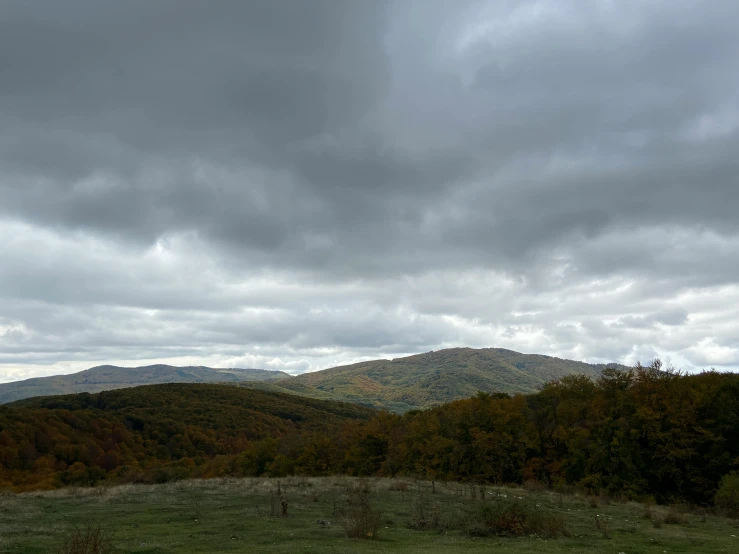 a bench sitting on top of a lush green field, by Mirko Rački, les nabis, under a dark cloudy sky, autumn mountains, view of forest, dark grey and orange colours