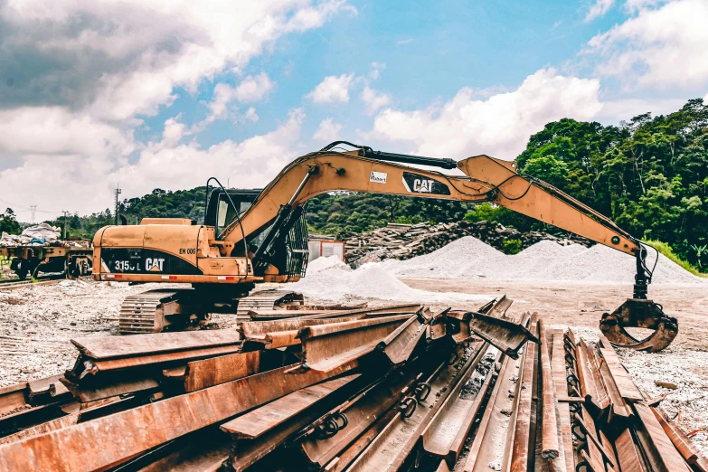 a bulldozer sitting on top of a pile of wood, by Carey Morris, unsplash, conveyor belts, avatar image, panoramic shot, 🚿🗝📝