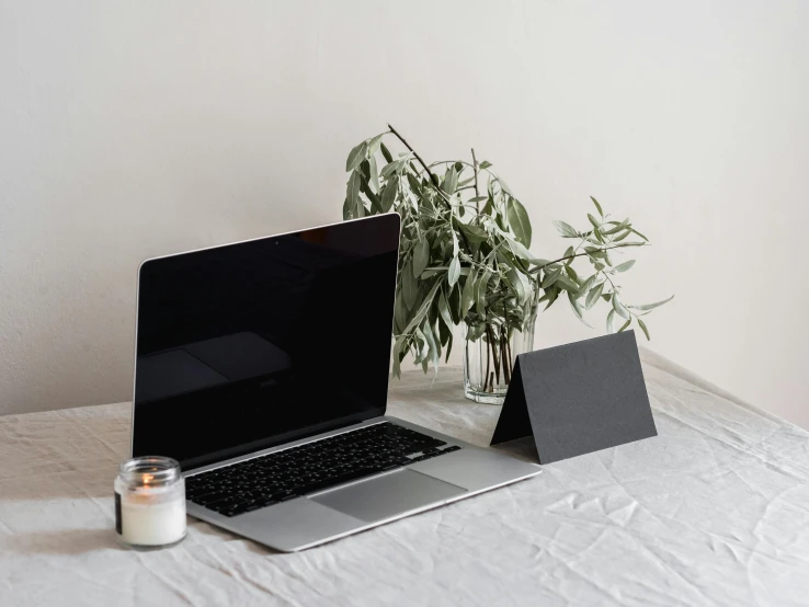 a laptop computer sitting on top of a white table, by Carey Morris, unsplash, decoration, grey, panel of black, plants