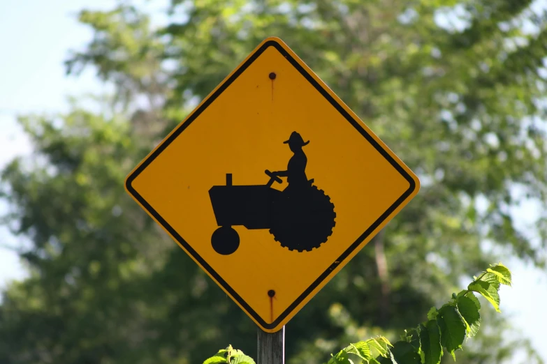 a yellow sign with a picture of a man on a tractor, by David Garner, pixabay, square, older woman, curvacious, iu