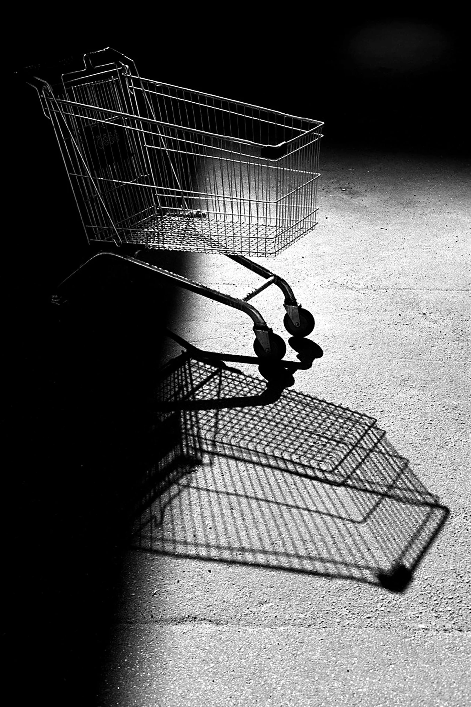 a black and white photo of a shopping cart, by Adam Chmielowski, shadow art, ( ( ( in a dark, hunger, last photo