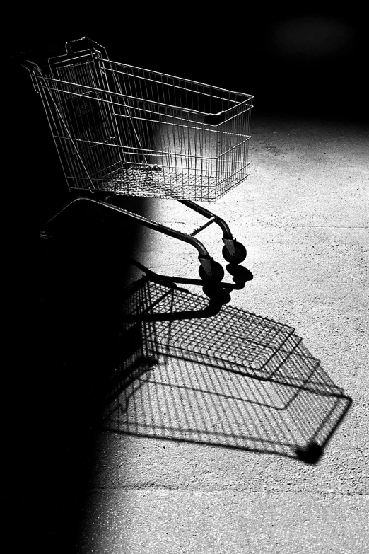 a black and white photo of a shopping cart, by Adam Chmielowski, shadow art, ( ( ( in a dark, hunger, last photo