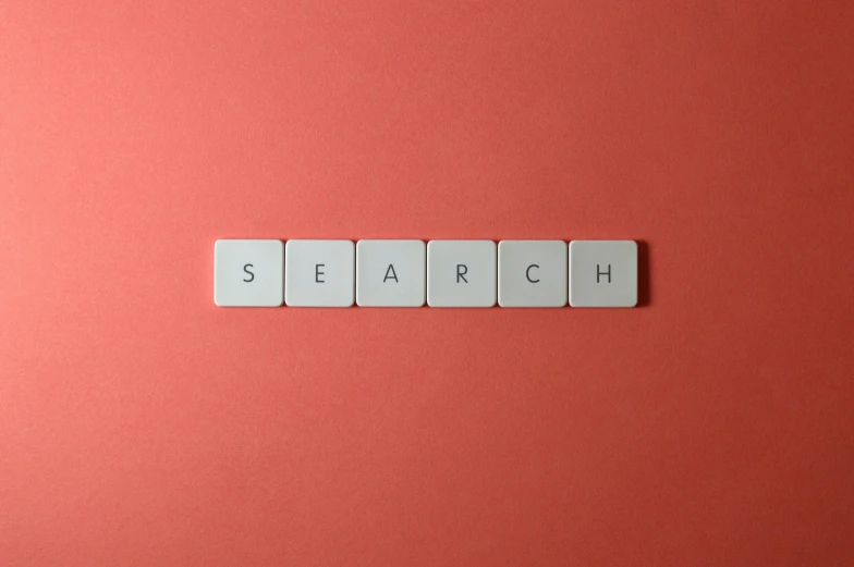 the word search spelled in scrabbles on a pink background, trending on pexels, high tech research, ceramics, google logo, scarlet