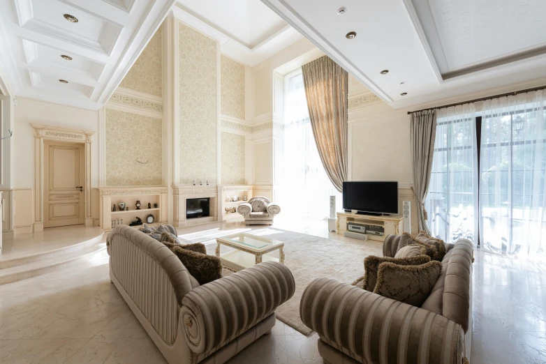 a living room filled with furniture and a flat screen tv, inspired by Alexander Fedosav, rococo, luxury architecture, white marble interior photograph, beige, **cinematic