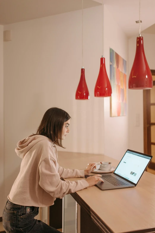 a woman sitting at a table working on a laptop, by Nicolette Macnamara, red light bulbs, minimalist home office, wearing a red hoodie, hanging