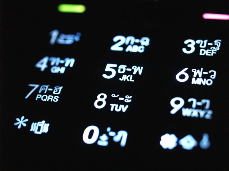 a close up of a cell phone with numbers on it, by Robbie Trevino, pexels, thin glowing devices, black interface, symbols, promo image