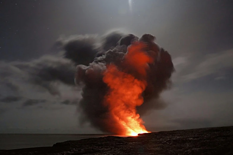 a large plume of smoke rising into the night sky, a picture, by Dan Luvisi, the earth sprouts lava, red cloud light, grey, taken in the late 2010s