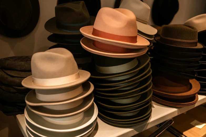 a bunch of hats that are on a shelf, an album cover, unsplash, gentelman, australian, 1930s style clothing, high quality material bssrdf