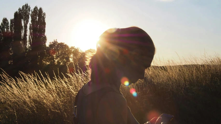 a person standing in a field looking at a cell phone, by Rachel Reckitt, sun flares, looking across the shoulder, instagram photo, late summer evening