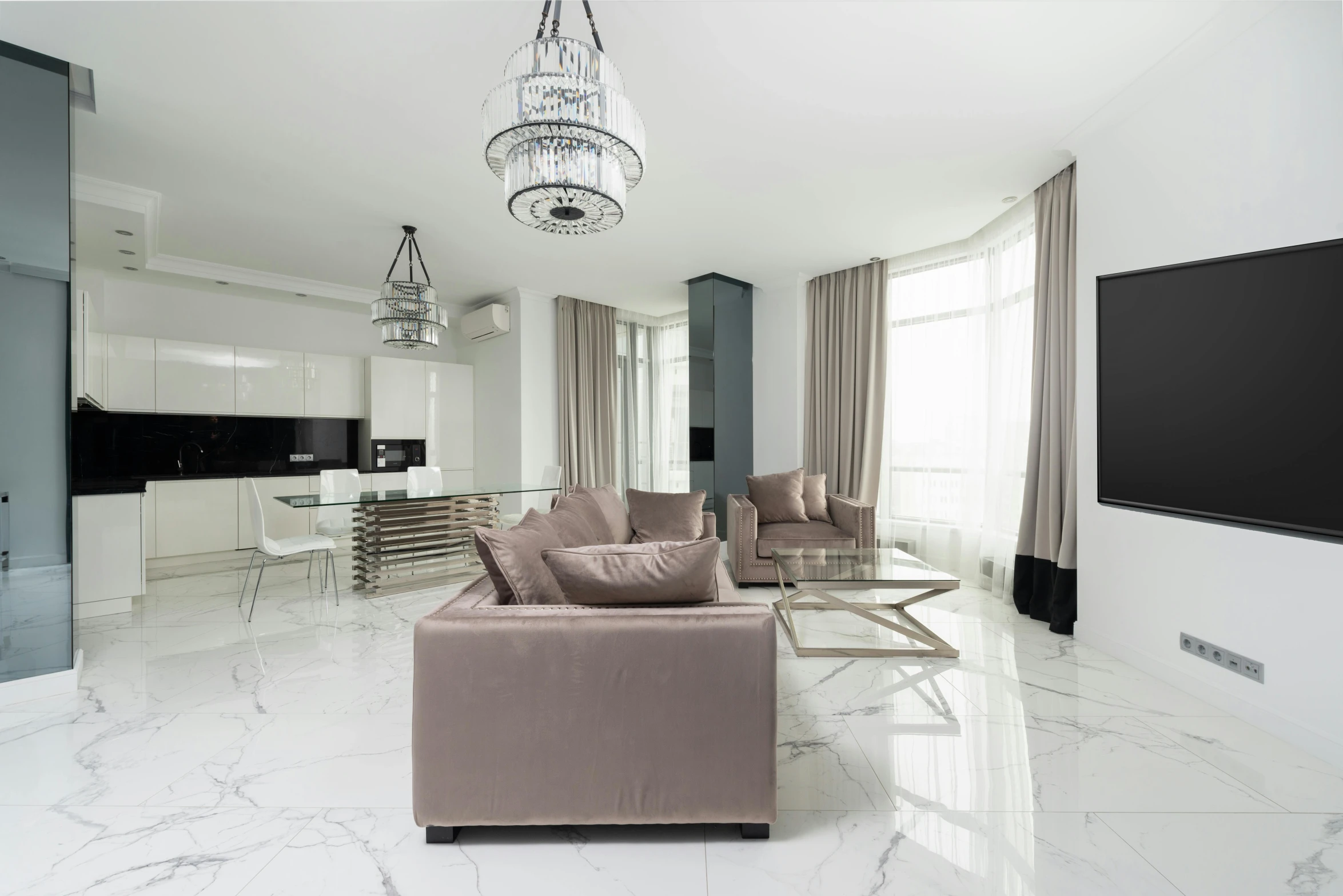 a living room filled with furniture and a flat screen tv, inspired by Willem Claeszoon Heda, pexels, baroque, shiny marble floor, taupe, white marble interior photograph, apartment