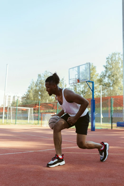 a man standing on top of a tennis court holding a racquet, trending on dribble, playing basketball, muscular thighs, sydney park, kano)