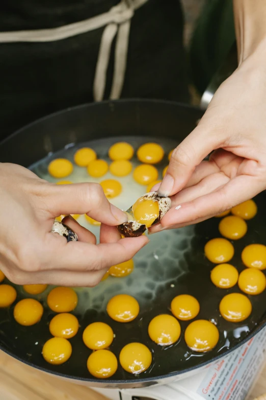 a person cooking eggs in a frying pan, by Nina Hamnett, process art, yellow gemstones, made of wax and water, partially cupping her hands, passion fruits