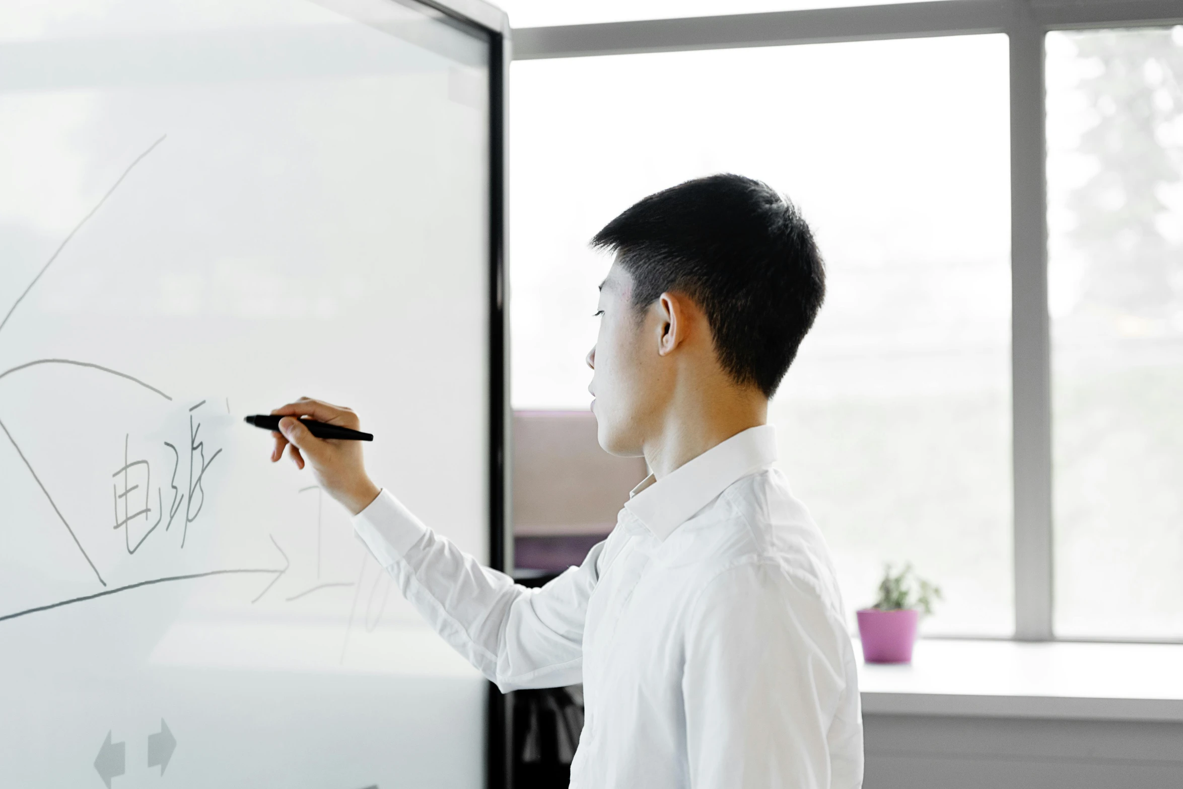 a man standing in front of a whiteboard writing on it, inspired by Yeong-Hao Han, pexels contest winner, right hand side profile, male teenager, in an office, asian human