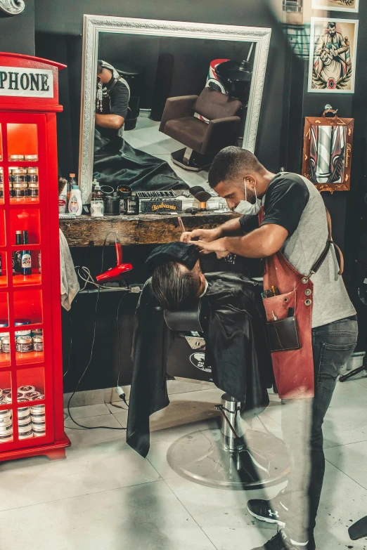 a man getting his hair cut at a barber shop, pexels contest winner, black and red color scheme, thumbnail, inspect in inventory image, profile pic