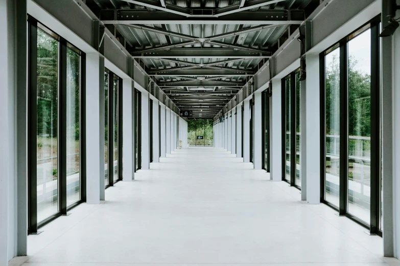 a long hallway with lots of windows next to each other, an album cover, inspired by David Chipperfield, unsplash, white steel, platforms, ignant, nature outside