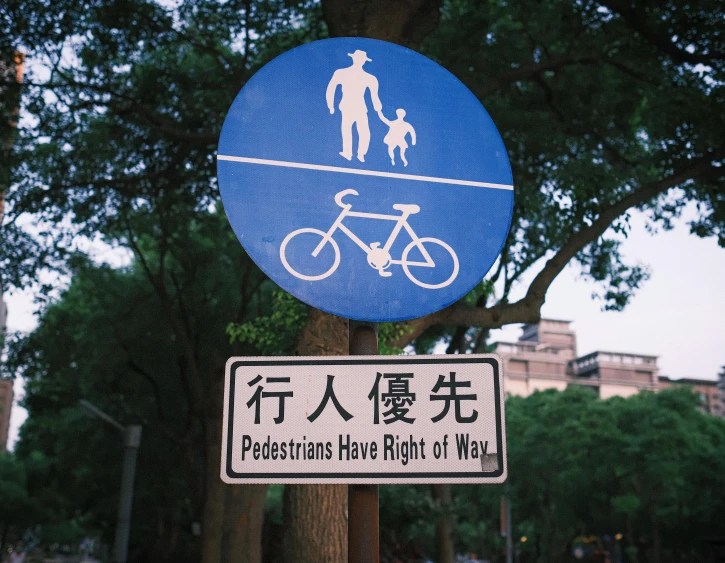 a blue sign that says pedestrians have right of way, a poster, inspired by Zhang Xiaogang, trending on unsplash, excessivism, a park, bicycle, alessio albi, chinese heritage