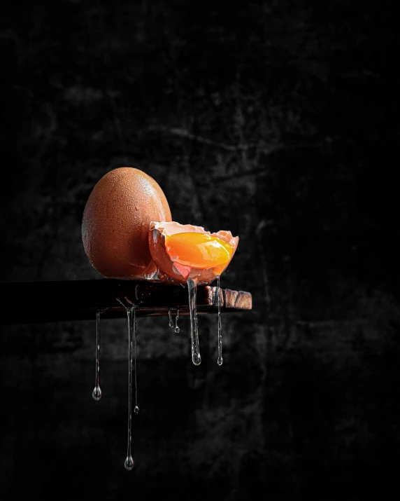 an orange sitting on top of a wooden stick, egg yolk, dark backdrop, behance lemanoosh, dripping