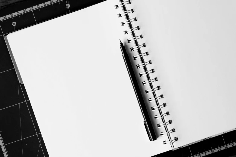 a black and white photo of a notebook with a pen, computer art, large vertical blank spaces, thumbnail, planning, drawn image