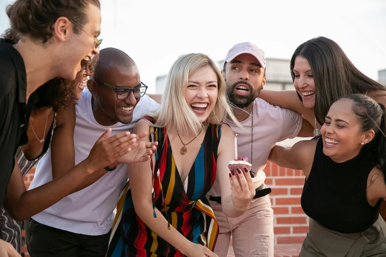 a group of people standing around each other, pexels contest winner, happening, laughing, rooftop, avatar image, phone photo