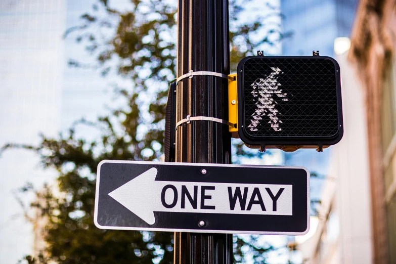 a one way sign on a pole in front of a building, by Julia Pishtar, unsplash, street art, boston dynamics, crosswalk, stick figure, profile image