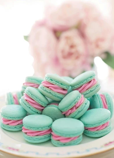 a white plate topped with blue and pink macarons, seafoam green, 8k'', vibrant pink, wide angle”