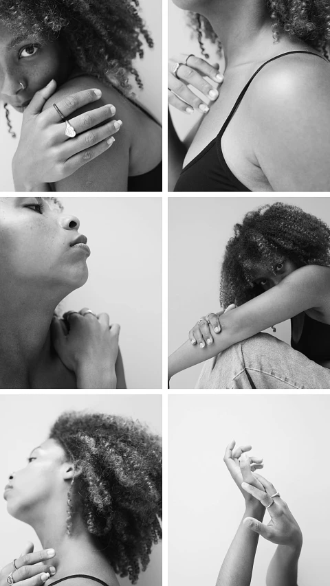 a series of black and white photos of a woman, trending on pexels, black arts movement, intimately holding close, variations around female, hands in her hair. side-view, medium format