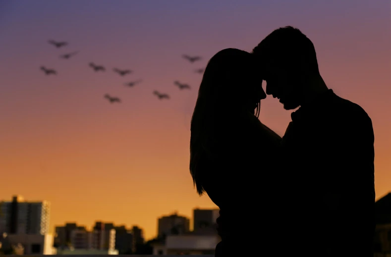 a couple standing next to each other in front of a sunset, pexels contest winner, romanticism, city background in silhouette, making out, profile image, thumbnail