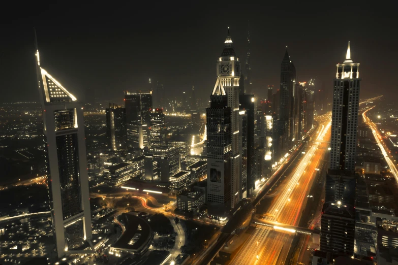an aerial view of a city at night, pexels contest winner, hyperrealism, dubai, matte painting ”