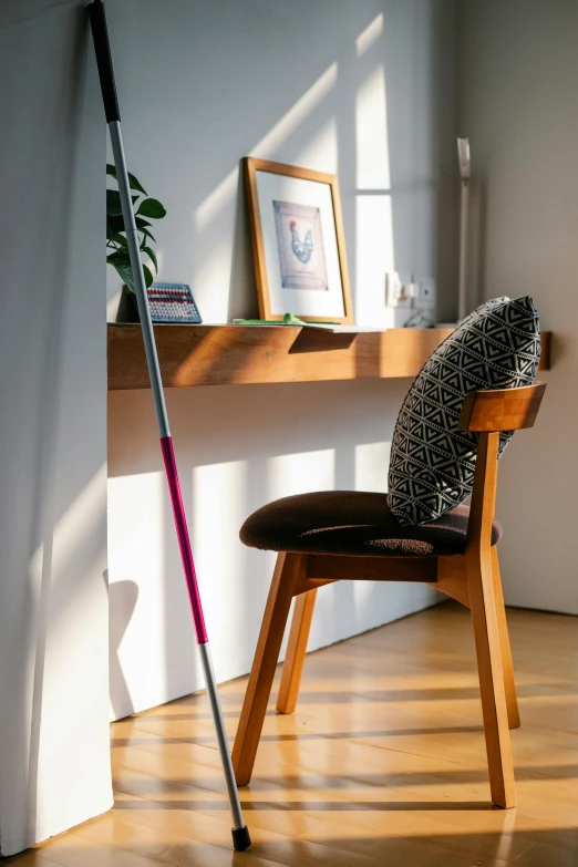 a chair and a mop in a room, a portrait, inspired by Otakar Sedloň, unsplash, rasquache, magenta and gray, sunny day time, home office, over-shoulder shot