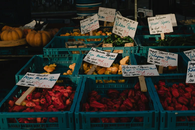 a bunch of baskets filled with different types of vegetables, a photo, by Niko Henrichon, pexels, bright signage, red and teal color scheme, lo-fi, 🦩🪐🐞👩🏻🦳