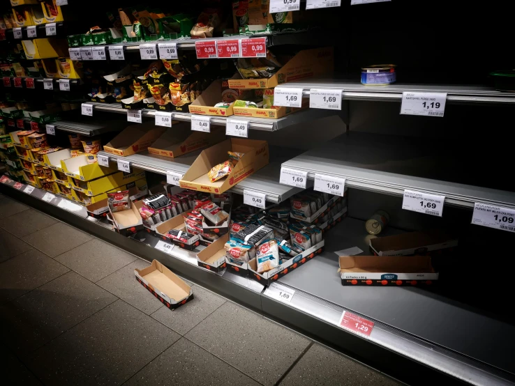 a grocery store filled with lots of food, a picture, by Tobias Stimmer, pexels, hyperrealism, broken toys are scattered around, dark mood, pizza is everywhere, high detail photo of a deserted