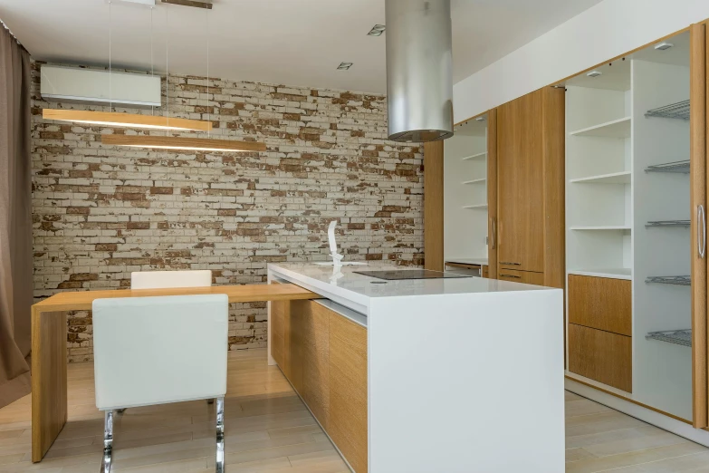 the kitchen is clean and ready for us to use, a picture, by Alexander Fedosav, light and space, 9 9 designs, brick, 15081959 21121991 01012000 4k, ultra modern