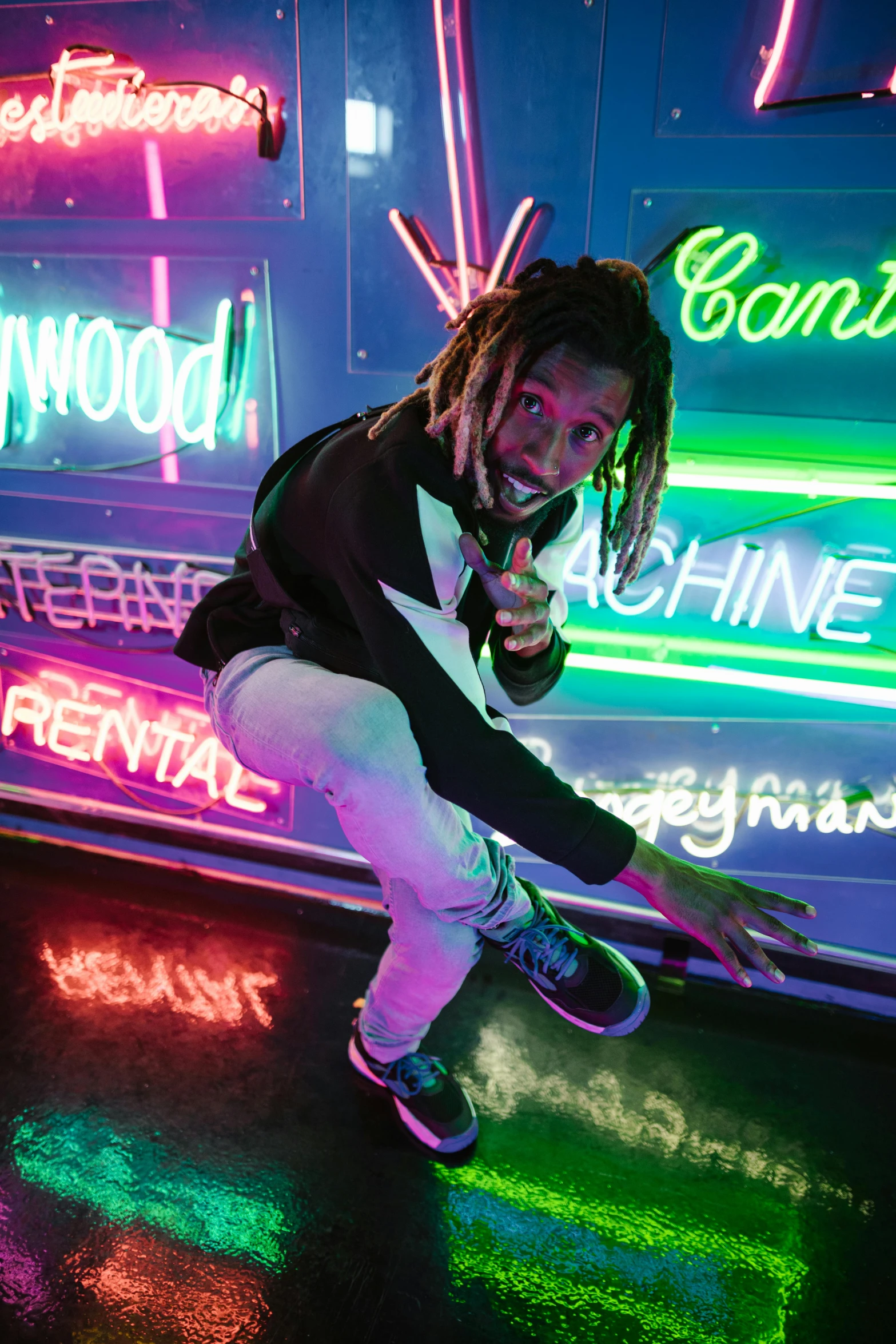 a man on a skateboard in front of neon signs, dreads, wiz khalifa, press photo, doing a sassy pose
