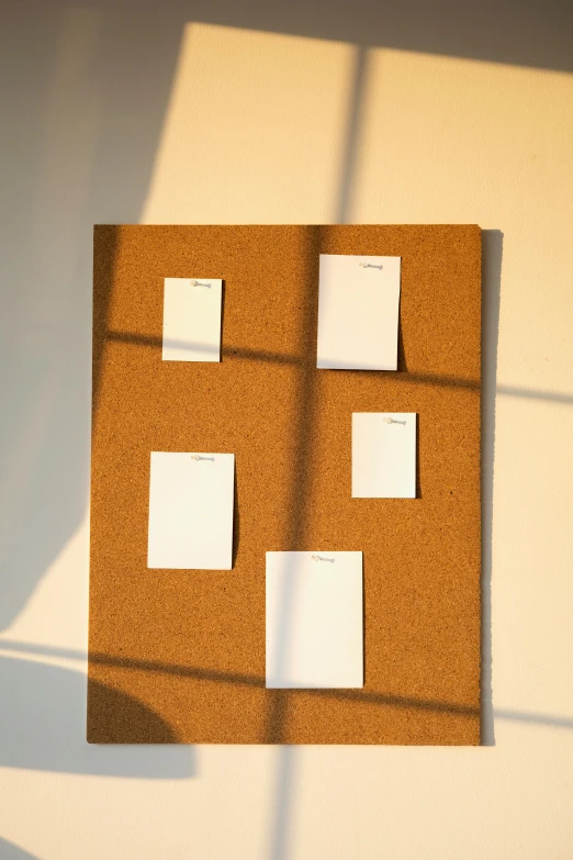 a cork board sitting on top of a white wall, in the morning light, labels, ignant, squares