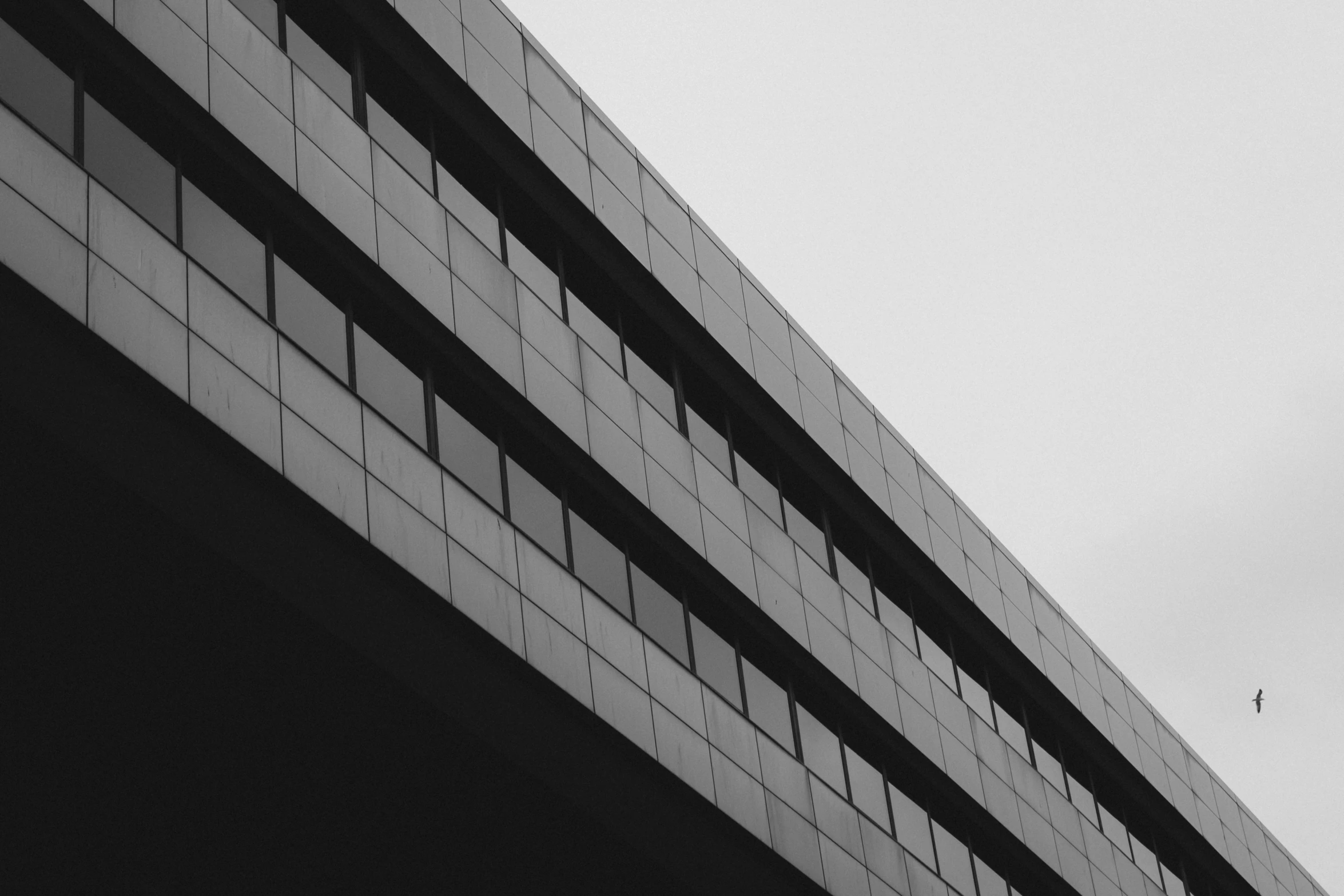 a black and white photo of a tall building, unsplash, brutalism, black windows, low quality photo, cinematic view from lower angle, square shapes