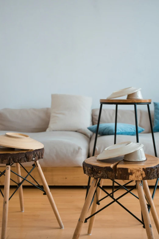 a living room filled with furniture and a white couch, inspired by Constantin Hansen, trending on unsplash, empty stools, wood cups, natural wood top, ceramic base