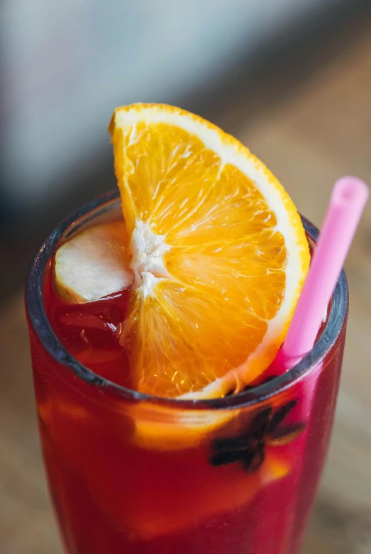 a close up of a drink with an orange slice, crimson, f / 2 0, straw, square