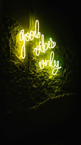 a neon sign that says good vibes only, pexels contest winner, cosy vibes, low quality photo, concept photo, 🚀🌈🤩