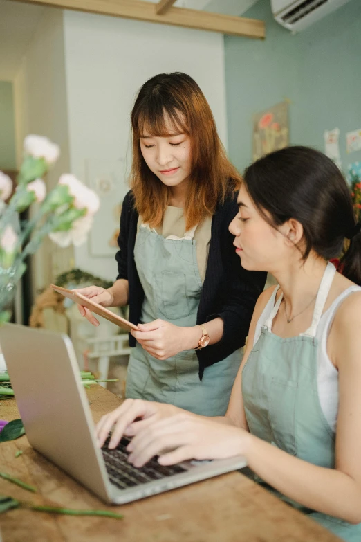 two women working on a laptop in a flower shop, a picture, trending on pexels, arbeitsrat für kunst, japanese collection product, square, diy, professional profile picture