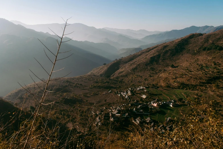 a view of the mountains from the top of a hill, by Daniel Lieske, pexels contest winner, mingei, uttarakhand, thumbnail, wide high angle view, afternoon light