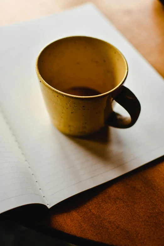 a cup of coffee sitting on top of an open book, yellowed paper, carefully crafted, ceramics, lined paper