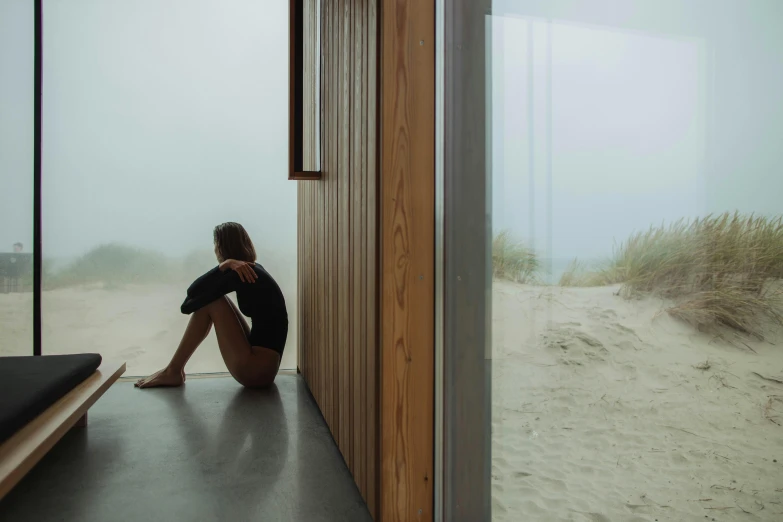 a woman sitting on the ground in front of a window, unsplash contest winner, minimalism, soft-sanded coastlines, low fog, nesting glass doors, smooth panelling