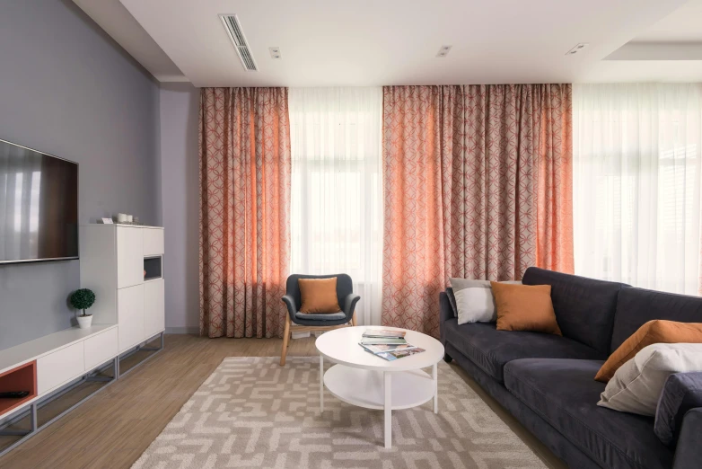 a living room filled with furniture and a flat screen tv, inspired by Albert Paris Gütersloh, unsplash, bauhaus, alizarin curtains, grey orange, neo kyiv, extra detail