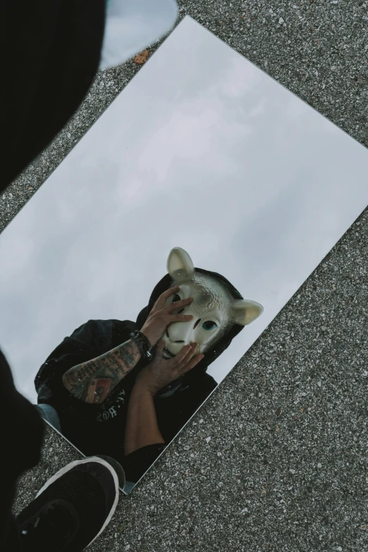 a person standing next to a mirror with a cat on it, a polaroid photo, trending on pexels, surrealism, ski masks, outside in parking lot, the sky is gray, anthropomorphic fox