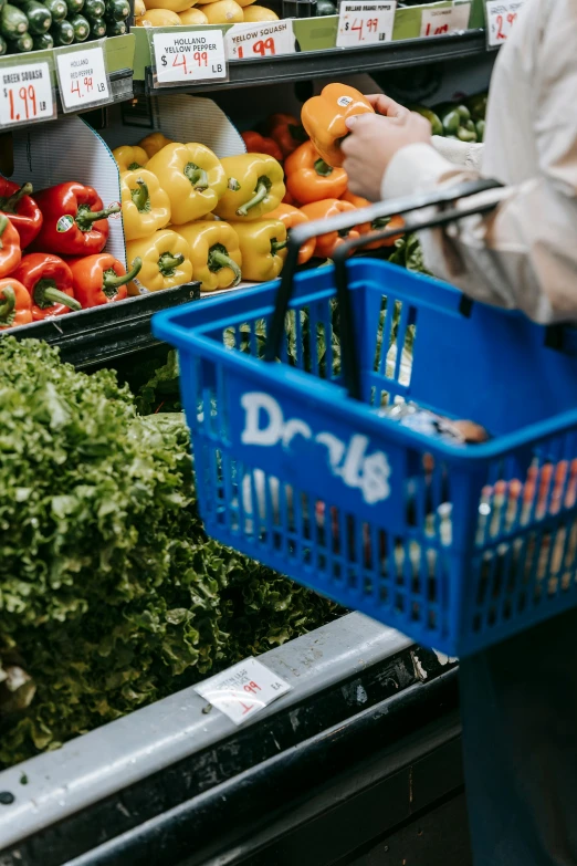 a person holding a shopping basket in a grocery store, by Daniel Lieske, happening, blue, local foods, drops, instagram picture