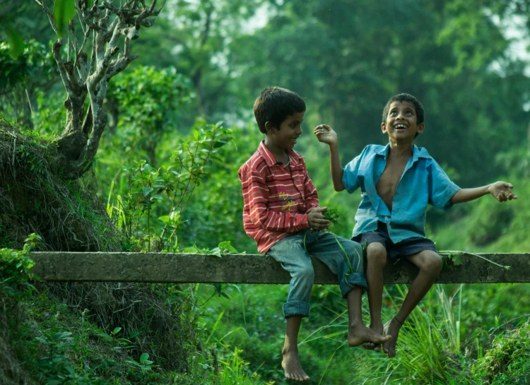 two young boys sitting on top of a wooden fence, by Sudip Roy, pexels contest winner, in the jungle, both laughing, movie scene, educational